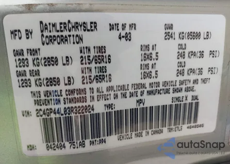 2003 Chrysler Town & Country Lx из США, поврежденный, VIN 2C4GP44L03R322024